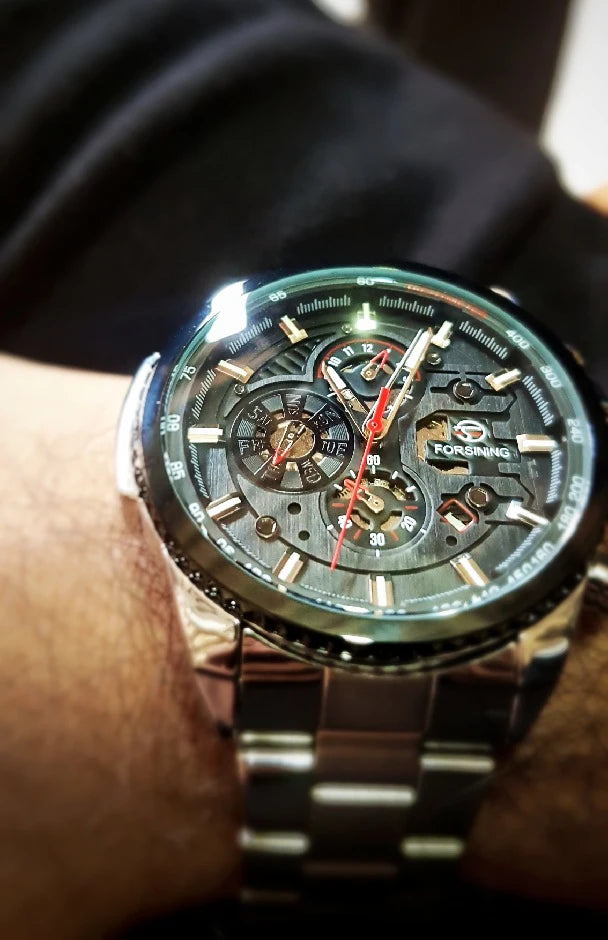 Forsining Three Dial Calendar Stainless Steel Men Mechanical Automatic Wrist Watches Top Brand Luxury Military Sport Male Clock