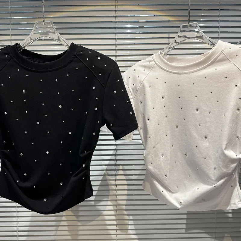 Summer Streetwear T-shirts Casual Rhinestone Diamond Shoulder Pad Short Sleeve T-shirt for Women