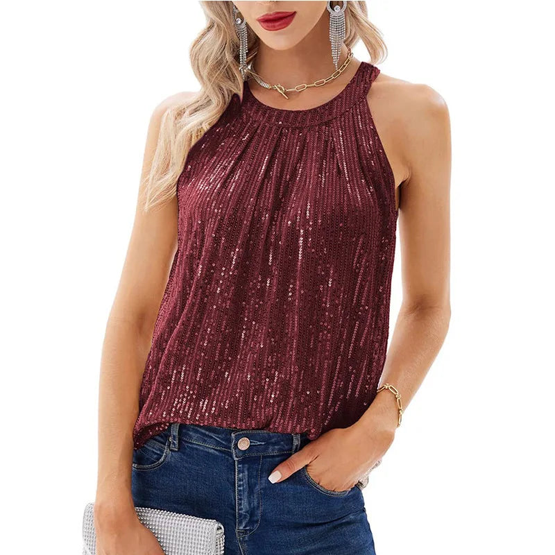 Solid Color Neck Hanging Style Women's Sequin Feeling Micro Elastic Suspender Sequin Vest