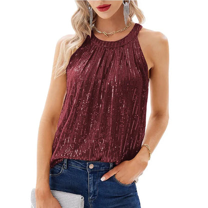 Solid Color Neck Hanging Style Women's Sequin Feeling Micro Elastic Suspender Sequin Vest