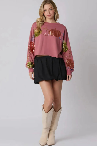 Sequin Hoodie for Women Loose Fit Pumpkin Pattern Terry Crop Top Casual Short Winter Autumn Spring Puff Printing