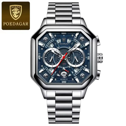 POEDAGAR New Fashion 983 Luxury Square Stainless Steel Quartz Men's Watches Waterproof Luminous Chronograph Watch for Men