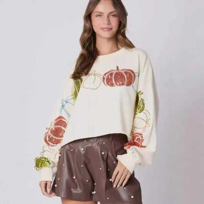 Sequin Hoodie for Women Loose Fit Pumpkin Pattern Terry Crop Top Casual Short Winter Autumn Spring Puff Printing