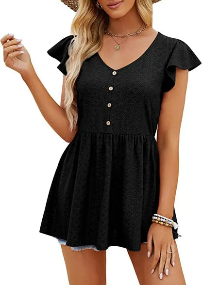 Cotton Summer Long T-shirt Tops Jacquard Knitting Holiday V-neck Button Ruffled Casual Slim Waist Short Dress