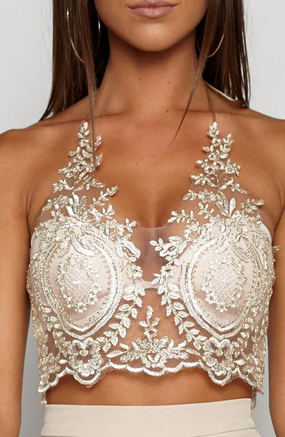 Elegant White Lace Bralette Crop Top Summer Beach Backless Short Halter Tops Sexy Gold Party