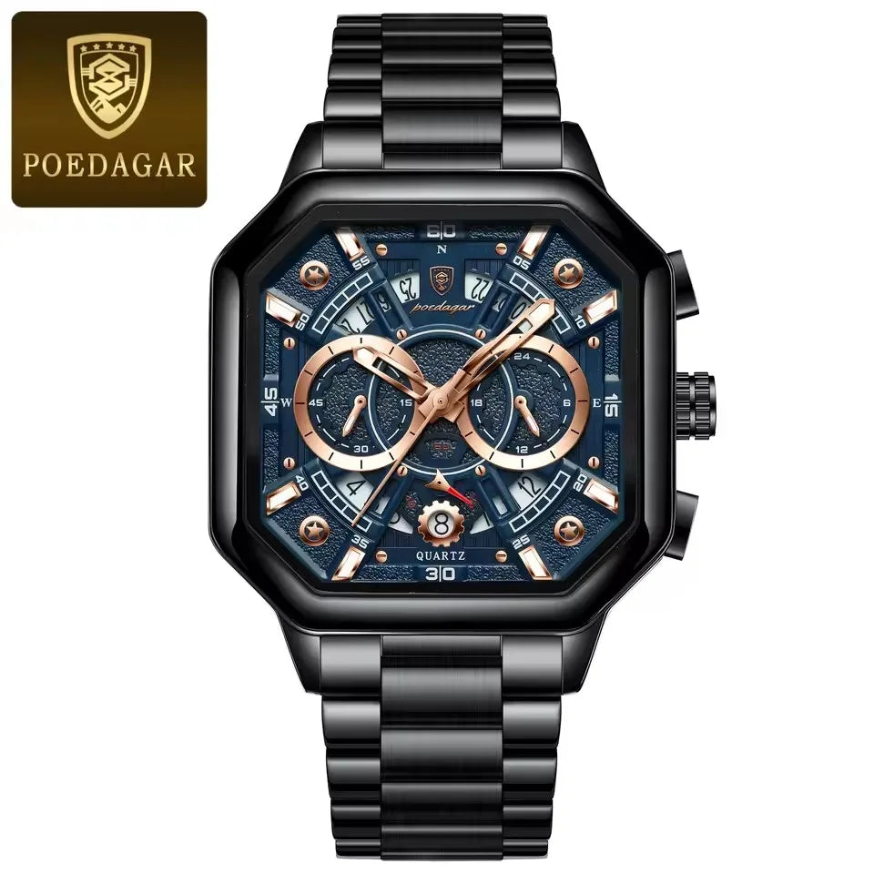 POEDAGAR New Fashion 983 Luxury Square Stainless Steel Quartz Men's Watches Waterproof Luminous Chronograph Watch for Men