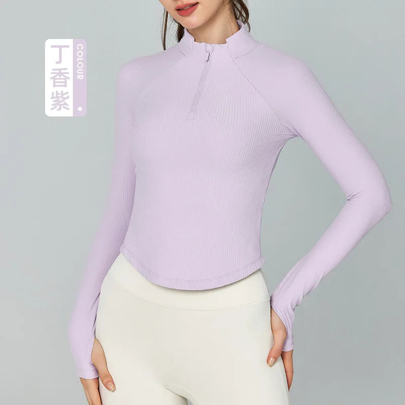 Fitness Long Sleeve Top Stand Collar Yoga Half Zipper Stretch Super Soft Nylon Compression Good Shir