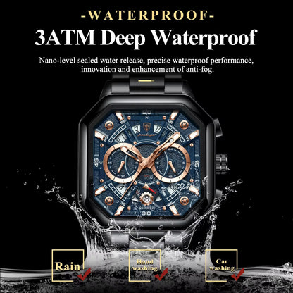 POEDAGAR New Fashion 983 Luxury Square Stainless Steel Quartz Men's Watches Waterproof Luminous Chronograph Watch for Men