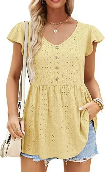Cotton Summer Long T-shirt Tops Jacquard Knitting Holiday V-neck Button Ruffled Casual Slim Waist Short Dress