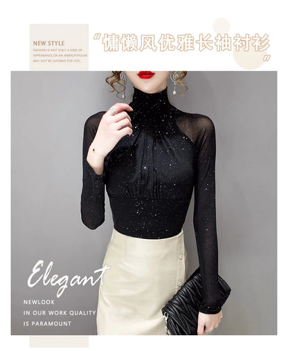 Women Mesh top High neck Sexy Black bottoming t shirt Casual Bright silk Lady shirt Blusa