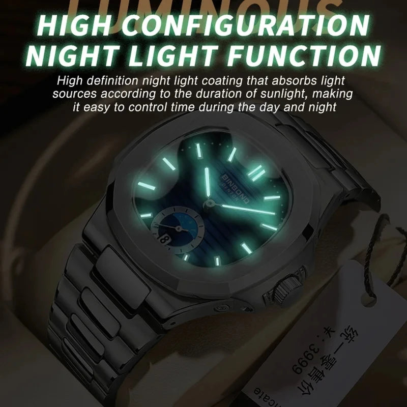 BINBOND B1786 1786 Luxury Casual Quartz Watch Fashion Square Dial Stainless Steel Calendar Luminous Waterproof Male Clock
