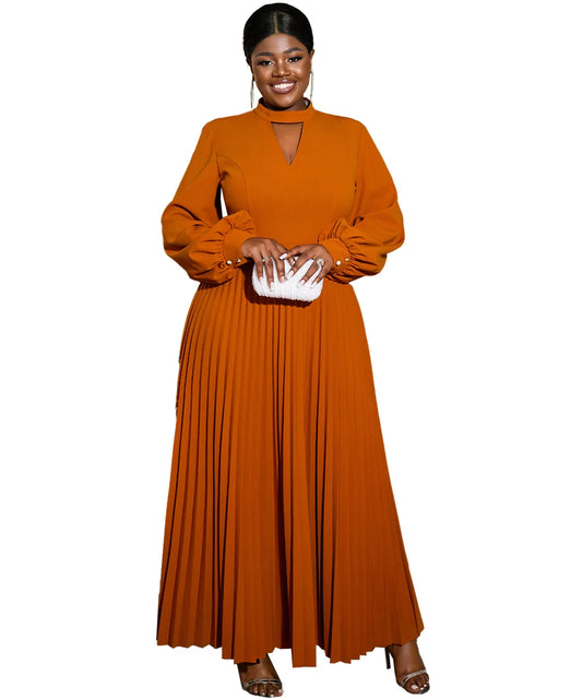 Long Lantern Sleeves Cut Out Maxi Curvy Women Pleated Dresses Plus Size