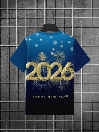 2026 New Year Men's 3d Digital Printed Casual Short Sleeve Jersey Knitted T-shirt 100% Polyester Anti-pilling Regular  Fit Front