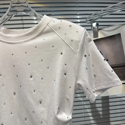 Summer Streetwear T-shirts Casual Rhinestone Diamond Shoulder Pad Short Sleeve T-shirt for Women