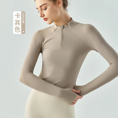 Fitness Long Sleeve Top Stand Collar Yoga Half Zipper Stretch Super Soft Nylon Compression Good Shir