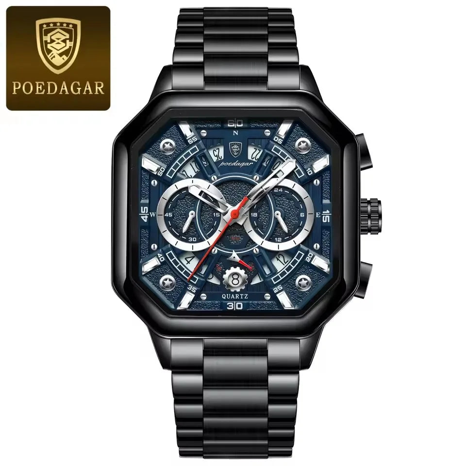 POEDAGAR New Fashion 983 Luxury Square Stainless Steel Quartz Men's Watches Waterproof Luminous Chronograph Watch for Men