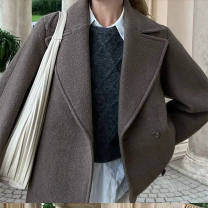 Women's Double Breasted Wool Coat Autumn Winter Fashion Lapel Long Sleeves Short Blazer Jacket Elegant Solid Warm Loose Outwear