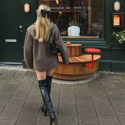 Women's Double Breasted Wool Coat Autumn Winter Fashion Lapel Long Sleeves Short Blazer Jacket Elegant Solid Warm Loose Outwear