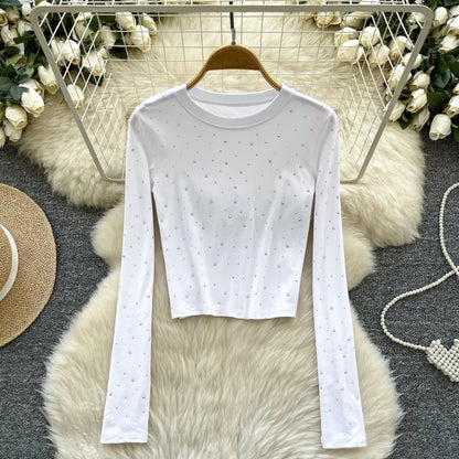 Long Sleeves Hotsweet O-neck Fashion Rhinestone Slim Top French Streetwear Sexy High Street Autumn Winter Women T-Shirts