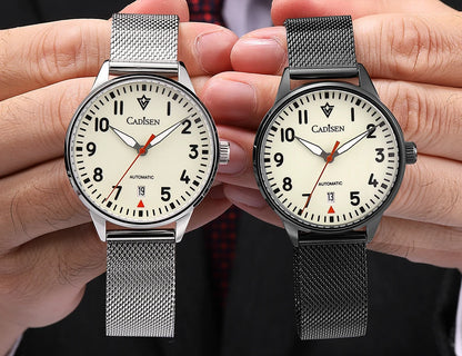 CADISEN Automatic Watch Men Luminous Stainless Steel Self-Wind Wristwatch NH35A Sapphire Waterproof Mesh Belt Mechanical Watch
