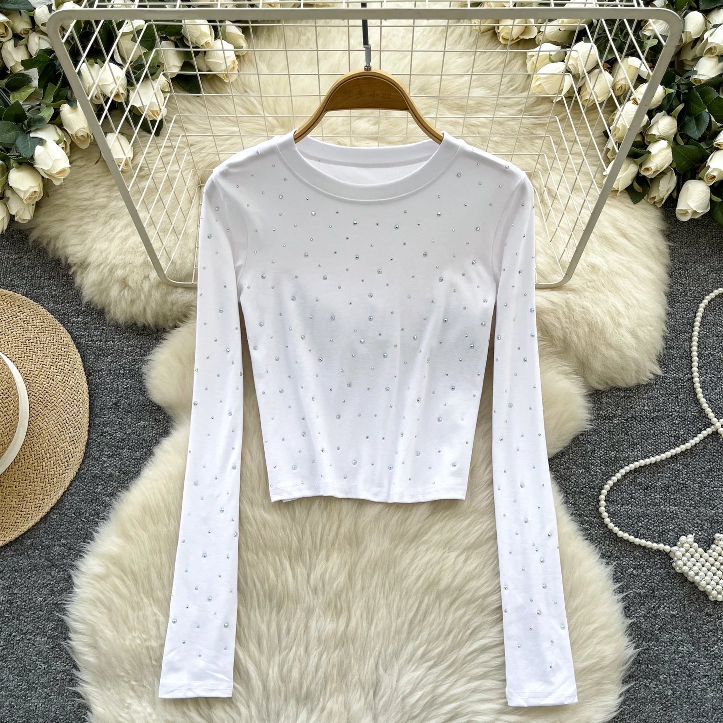 Long Sleeves Hotsweet O-neck Fashion Rhinestone Slim Top French Streetwear Sexy High Street Autumn Winter Women T-Shirts