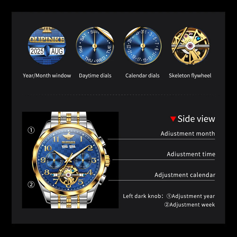 OUPINKE 3263 Mens Watch Luxury Flywheel Automatic Mechanical Watch﻿ 50M Waterproof Luminous Tungsten Steel Brand Watches New