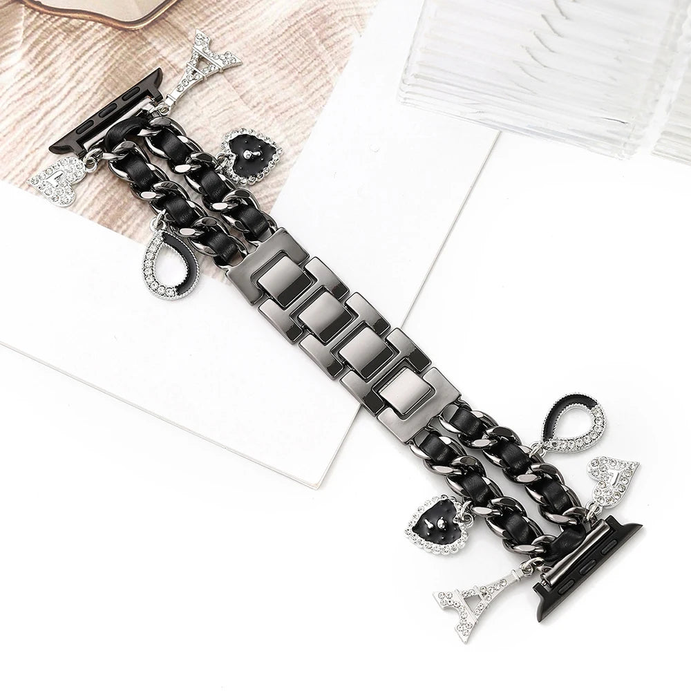 Stylish Metal Charms Watch Strap Compatible with Apple Watch Bands 38/40/41/42/44/45/49mm Replacement Strap with Unique Pendants