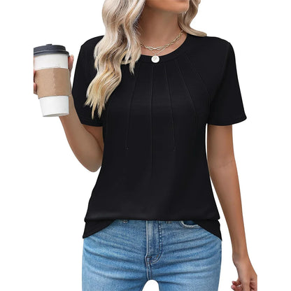 Womens Casual Crew Neck Short Sleeve Pleated Tops Blouses Fashion Clothes