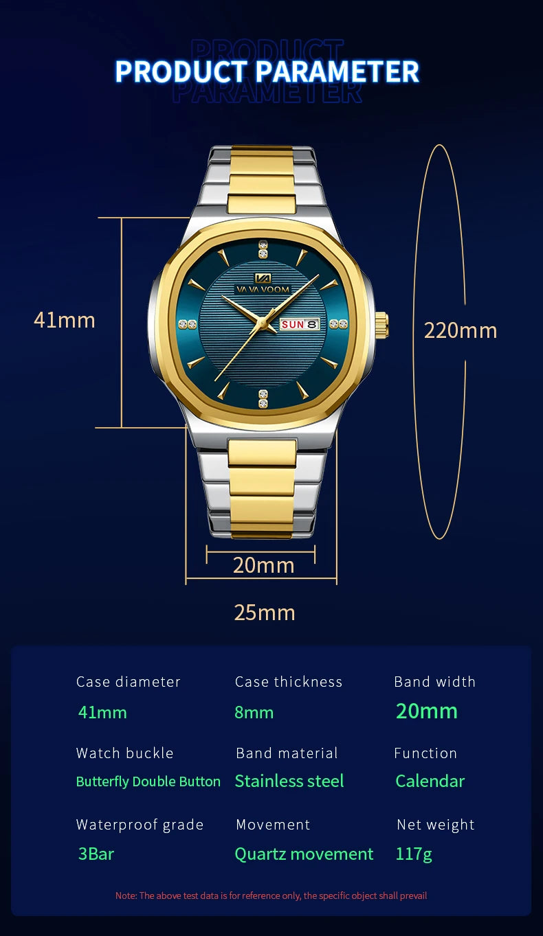 VA VA VOOM Men Watch Fashion Silver Black Stainless Steel 41mm Casual Business Style Week 3Bar Waterproof Sports Quartz Watches