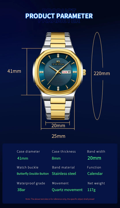 VA VA VOOM Men Watch Fashion Silver Black Stainless Steel 41mm Casual Business Style Week 3Bar Waterproof Sports Quartz Watches