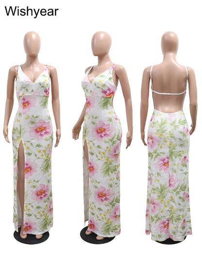 Flower Print Sequins Spaghetti Strap Sleeveless High Slit Long Dress Woman Sexy Vacation Party Birthday Prom Summer Robe