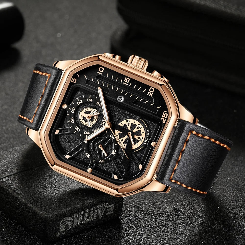 Men Quartz Watches Alloy Dial Business Men Watch PU Leather Strap Big Dial Square Sports Watch Cool Black Wristwatch for Man