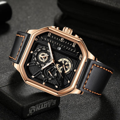 Men Quartz Watches Alloy Dial Business Men Watch PU Leather Strap Big Dial Square Sports Watch Cool Black Wristwatch for Man
