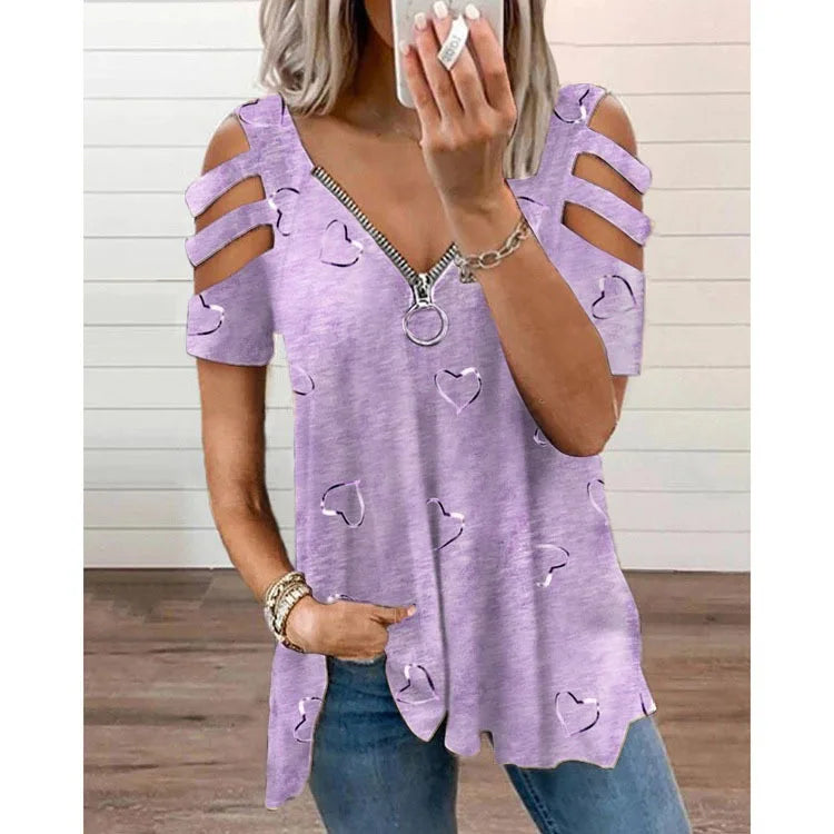 T Shirt for Women Print Top V Neck Short Sleeves Hollow Out Zipper Vintage Streetwear Spring Summer Office Lady 2025 Tees Tops