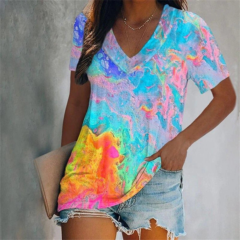 Colorful Tassels Print T-Shirt Fashion Women's Short Sleeve V-Neck T-Shirt Summer Casual Elegant Women's Large Size T-Shirt