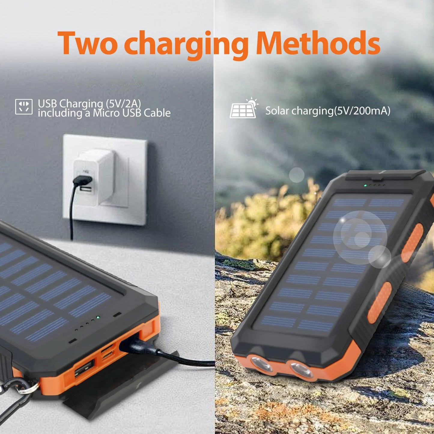 20000mAh Solar Power Bank Portable Solar Charger Waterproof Dual 5V USB Ports 2 LED Light Flashlight For Cell IPhone Outdoor