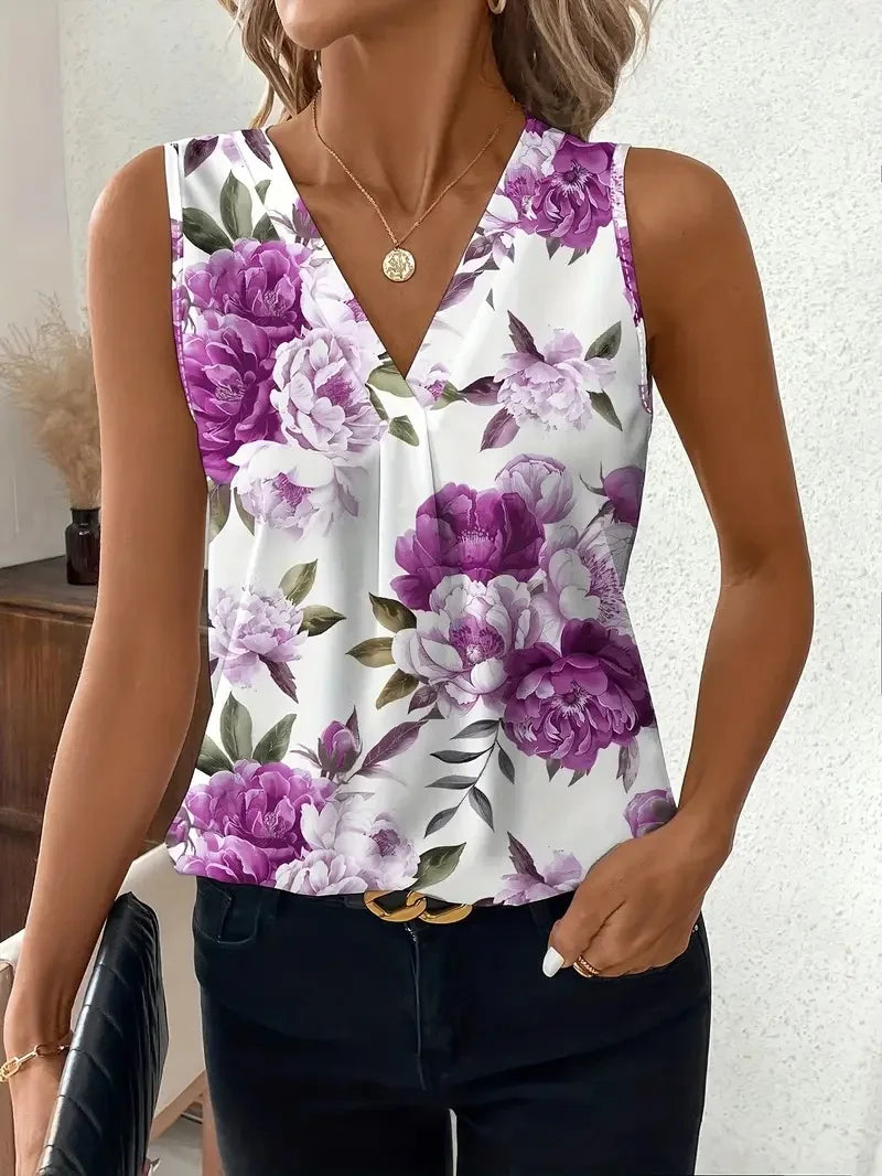 V-neck Vest New Fashion Plant Printed Sleeveless Top Pullover Simple Basic T-shirt