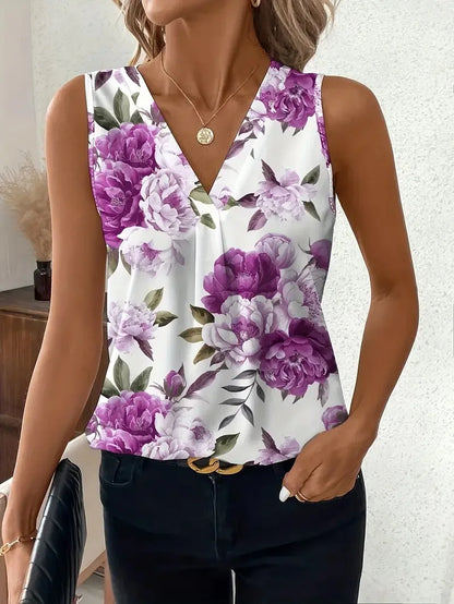 V-neck Vest New Fashion Plant Printed Sleeveless Top Pullover Simple Basic T-shirt
