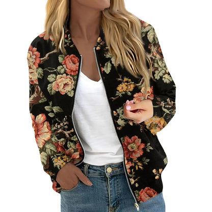 Women Elegant Zipper Bomber Jackets Spring Autumn Floral Printed Jackets Casual Coat Retro Outwear  Round Neck Zipper Jackets