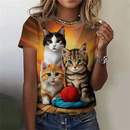 T-shirt 3D Printed Kawaii Cat Pattern Short Sleeved Round neck Top Summer Outdoor Casual Street Simple Clothing