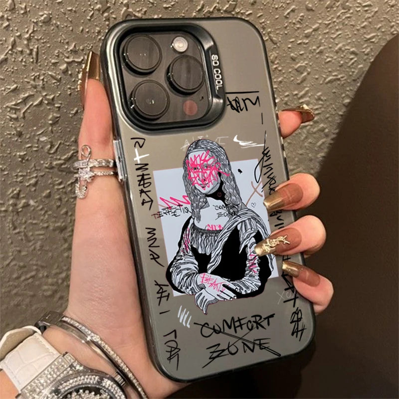 Graffiti Great Art Aesthetic David Mona Lisa Electroplate Silver Case For iPhone 17 15 14 13 12 11 16 Pro Max XS 7 8 Plus Cover