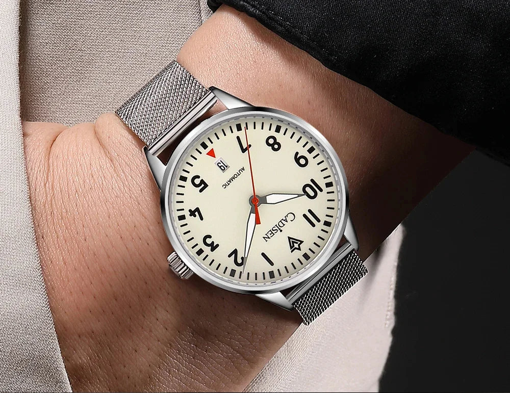 CADISEN Automatic Watch Men Luminous Stainless Steel Self-Wind Wristwatch NH35A Sapphire Waterproof Mesh Belt Mechanical Watch