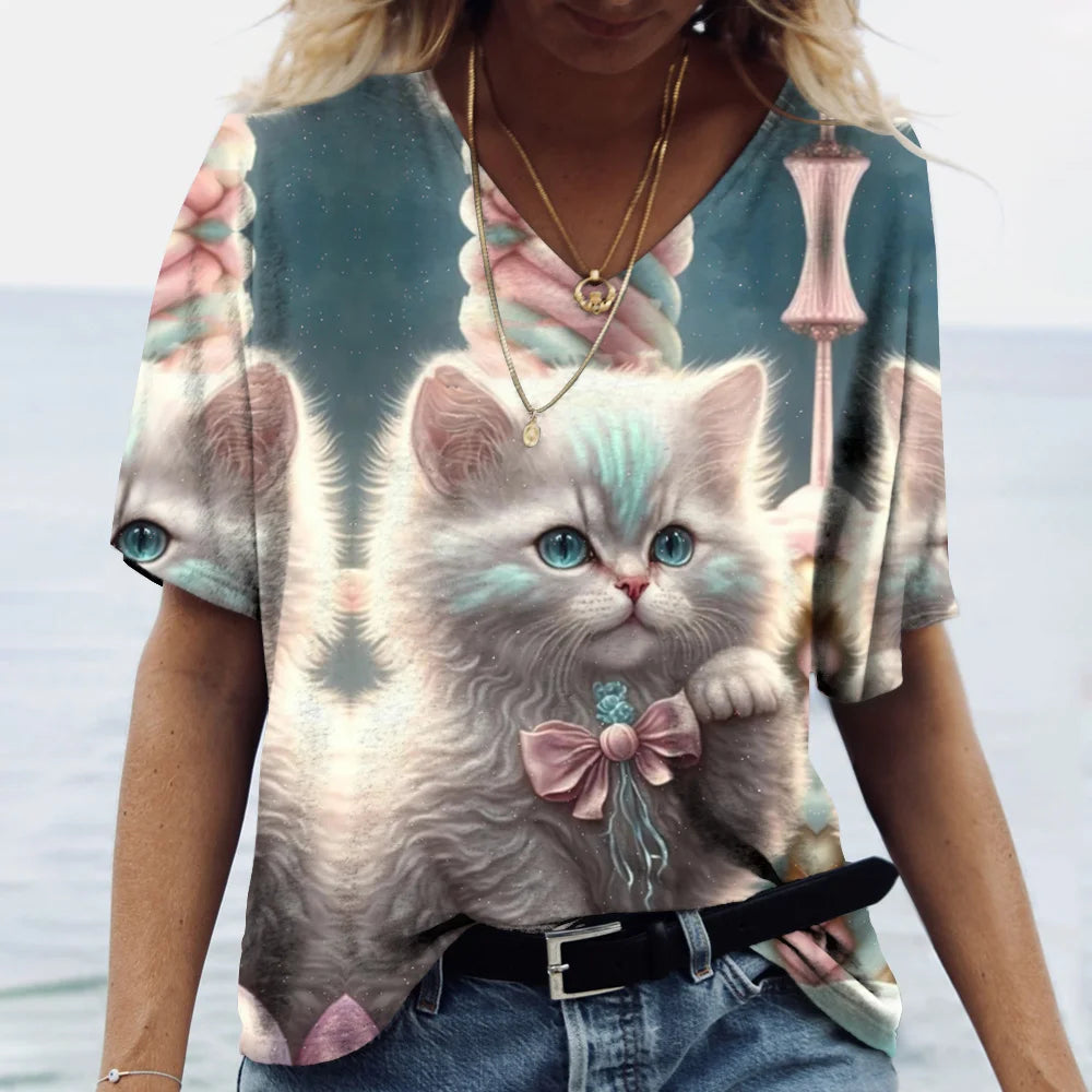 T-shirt Cat Print Short Sleeve Clothes Female Harajuku Tees Ladies T Shirt Oversized Tops Animal Women Clothing
