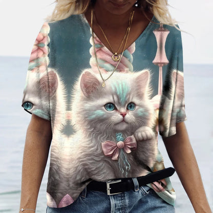 T-shirt Cat Print Short Sleeve Clothes Female Harajuku Tees Ladies T Shirt Oversized Tops Animal Women Clothing