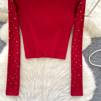 Long Sleeves Hotsweet O-neck Fashion Rhinestone Slim Top French Streetwear Sexy High Street Autumn Winter Women T-Shirts