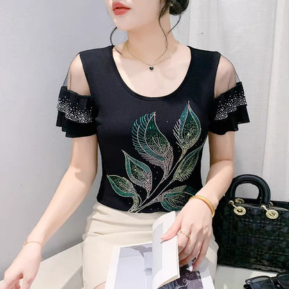 T-shirt For Summer Short Sleeve Pulovers Clothes Casual Aesthetic Cotton Tops Sexy V Neck Zipper Diamonds Tees