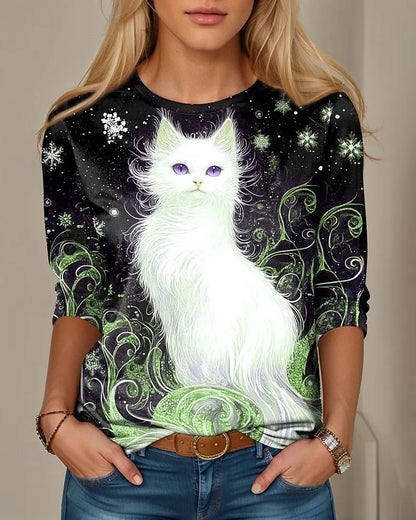 T-shirt Casual Long Sleeve Tops Animal Cat Graphic Tees Shirt Blouse O-neck Fall Winter Streetwear Style Y2K Pullover