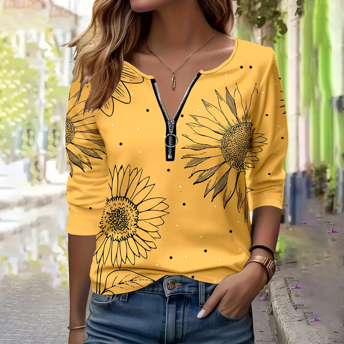 Summer new fashion 2025 women's casual long-sleeved printed T-shirt