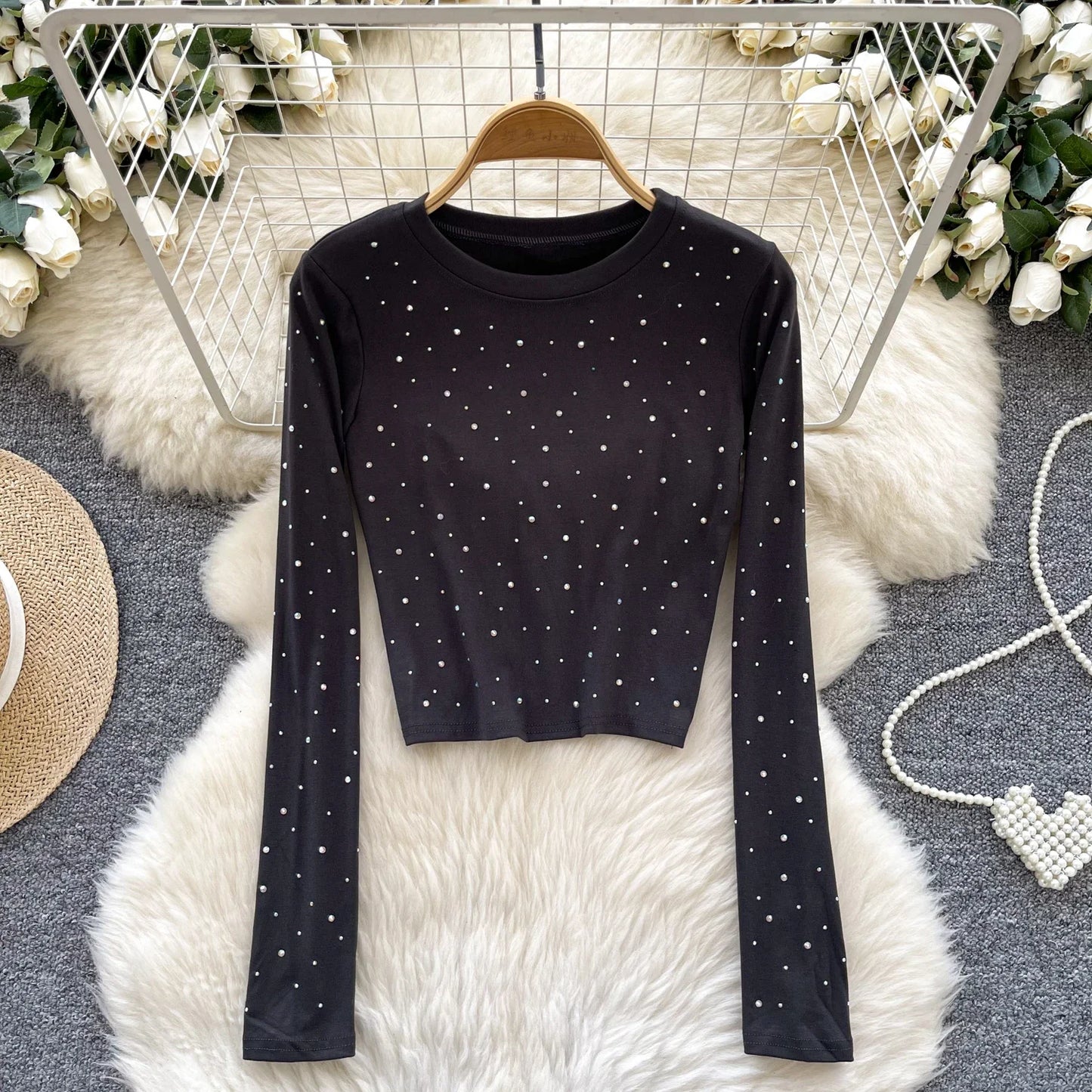 Long Sleeves Hotsweet O-neck Fashion Rhinestone Slim Top French Streetwear Sexy High Street Autumn Winter Women T-Shirts