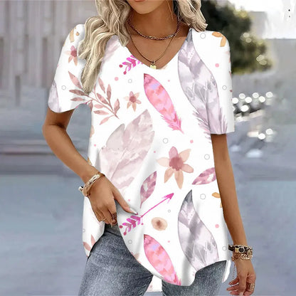 Butterfly Printed Short Sleeve T-shirt Korean Style Women's Clothes 2024 V-neck Short Sleeves Tees Shirt Loose Casual Blouses